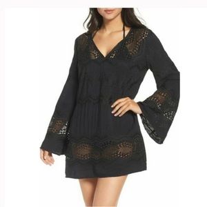 La Blanca Crochet Cover Up Tunic Dress Women's Size L Black Long Sleeve Swim